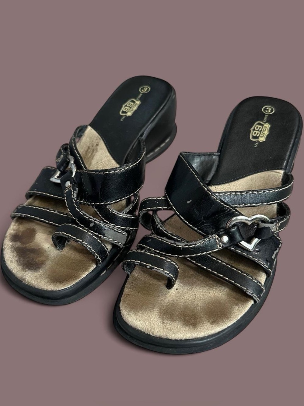 Y2k Route 66 Black Heart Wedge Sandals